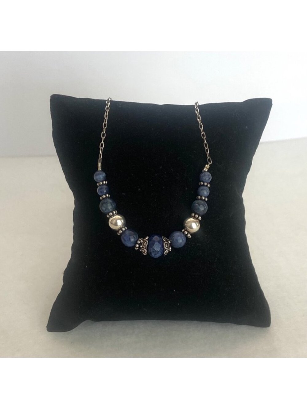 Sterling Silver 925 Blue Sodalite Beaded Cable Chain Necklace 16.75"